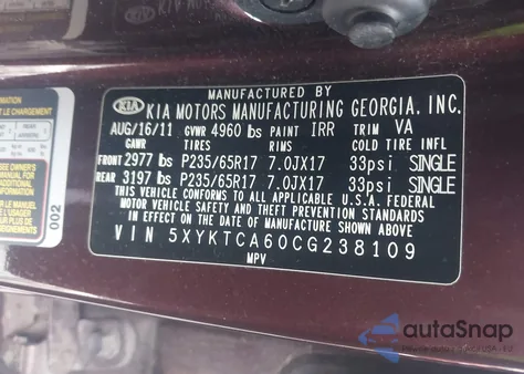 2012 Kia Sorento Lx из США, поврежденный, VIN 5XYKTCA60CG238109